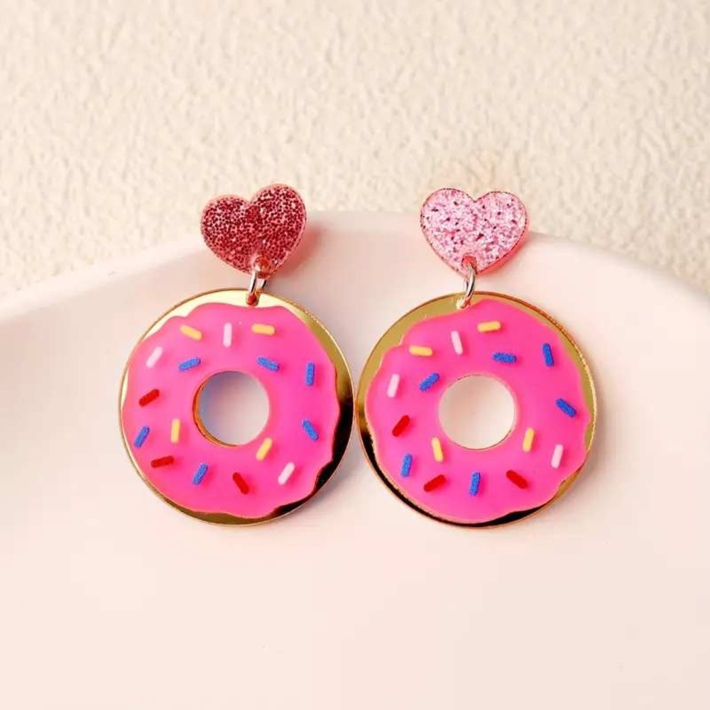 Donut Dangle Earrings Pink Heart Charm Fun Food Jewelry Cute‎ Earrings